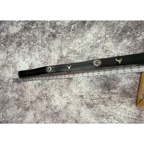 Leather Belt Silver womens M 34"L Black Buckle Bull Conchos Turquoise Western - Picture 10 of 14